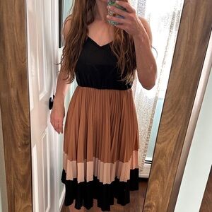 SHEIN Black, Brown & Cream Colorblock Pleated Midi Dress